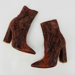 RAYE Snake Print Ankle Boots Women 8.5 Brown‎ Faux Python Block Heel Pointed Toe